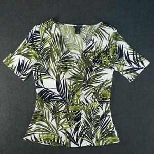 Ann Taylor Green & White Leaves Faux Wrap Top M